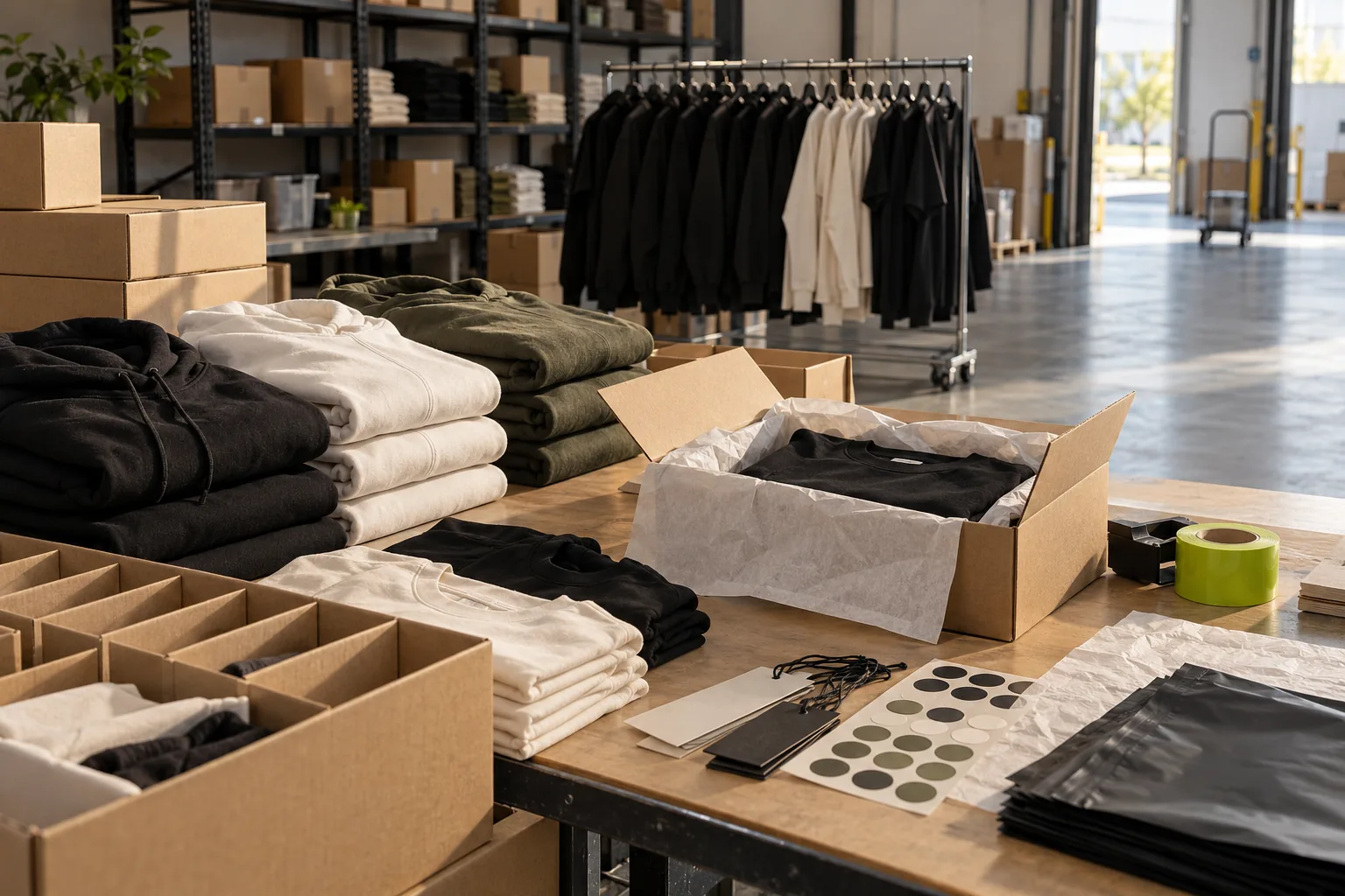 Human garment packaging and fulfillment desk