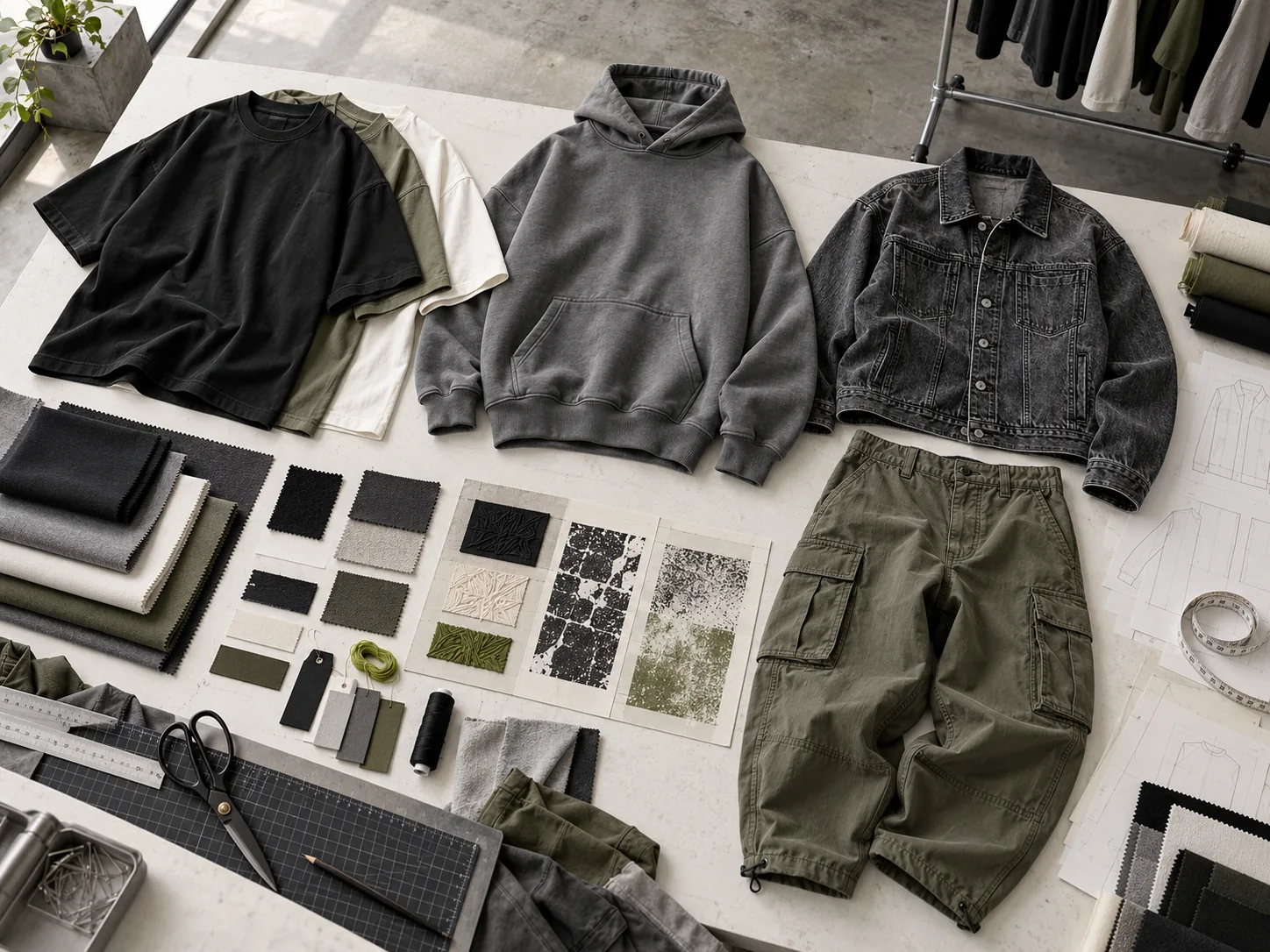 Streetwear garments, fabric swatches and decoration samples on a design table