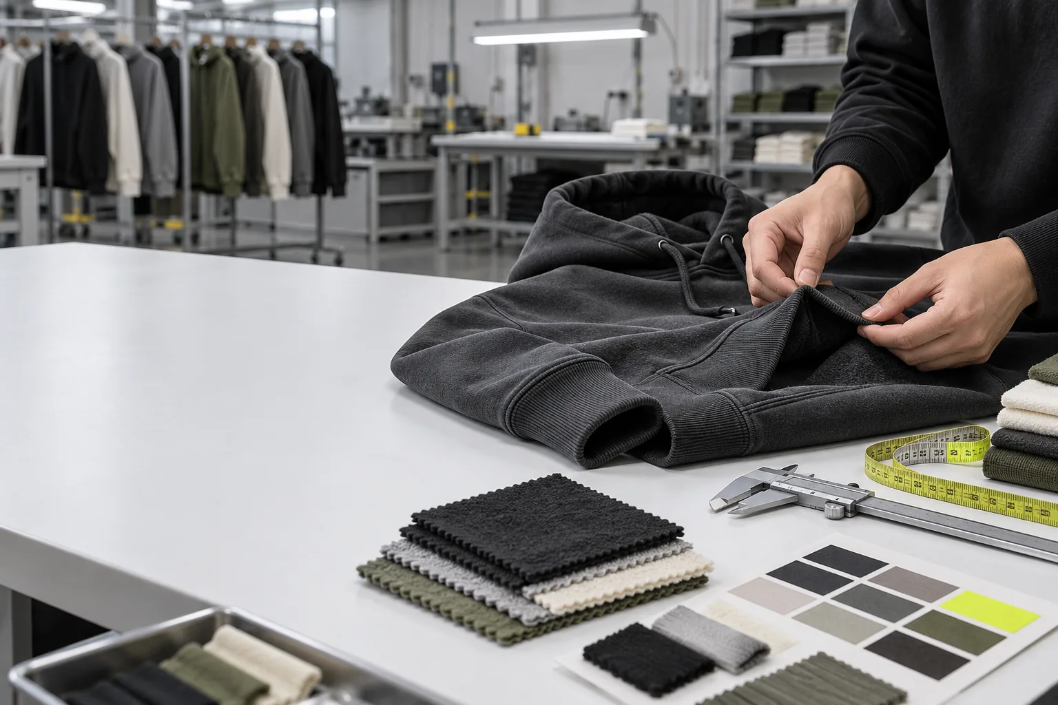 Technician inspecting garment at a quality desk